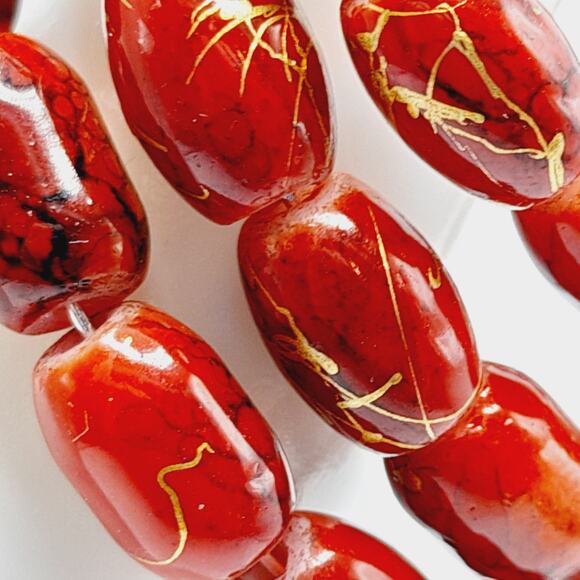 Vintage Asian Bead Memory Wire Bracelet Red Glass Gold Accents Handmade Jewelry - Picture 10 of 10